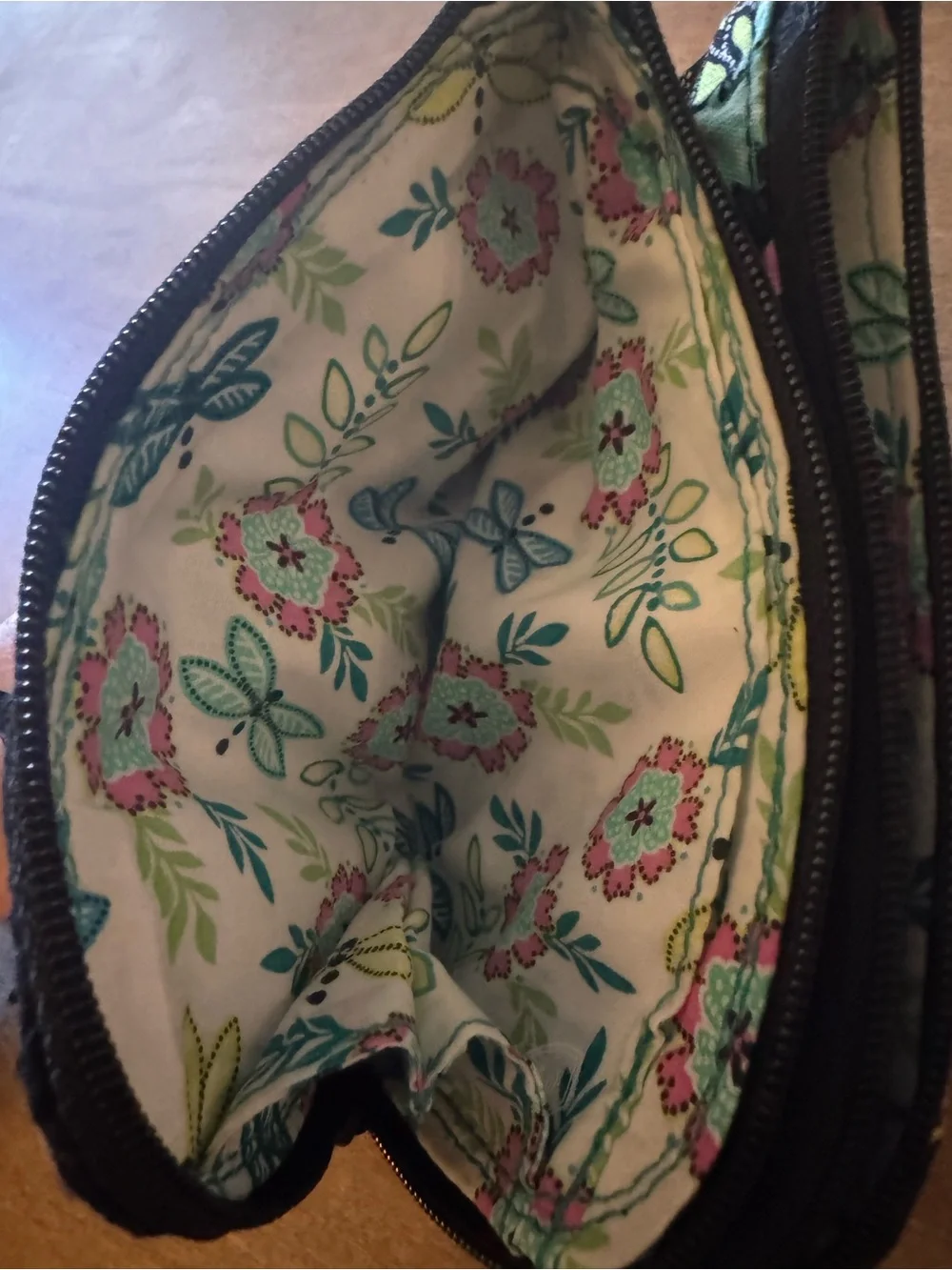 Vera Bradley Black Floral Quilted Wristlet Wallet with Aqua and Pink Accents